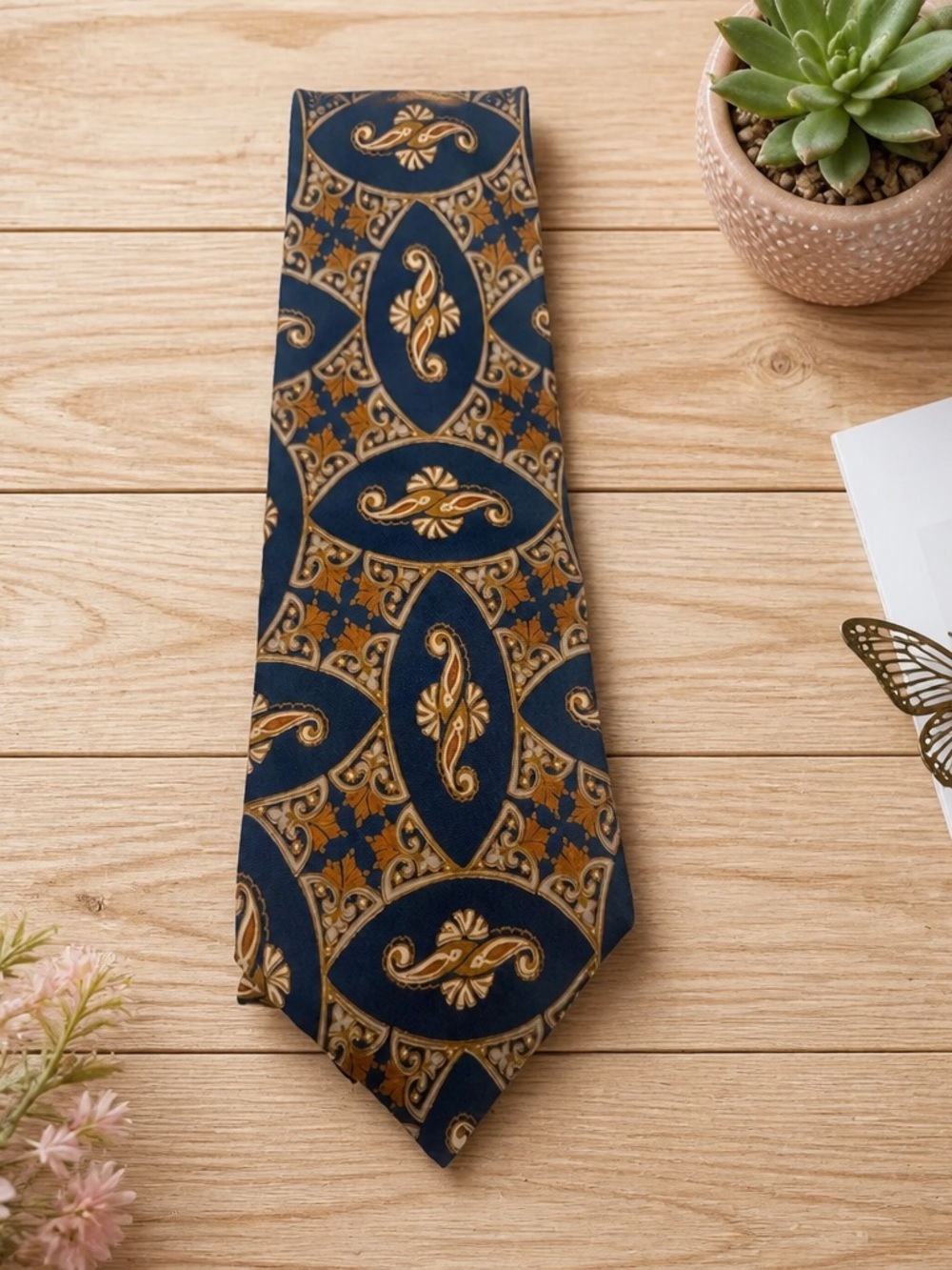 Men's Navy Tie with Gold Medallion Pattern